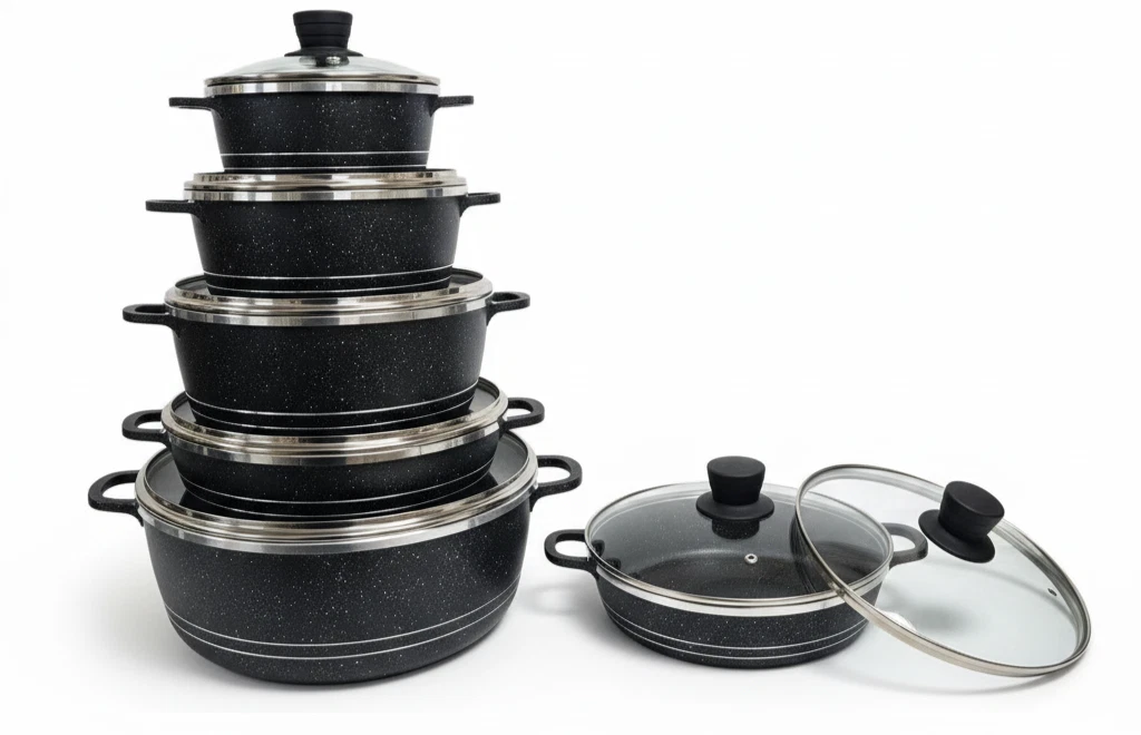 10pcs Die-Cast Aluminium Stockpot Set with Glass Lids Non-Stick Casseroles Black