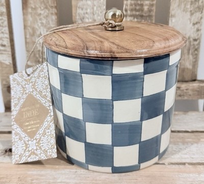 NEW Made In India Small Blue Checkered Canister 5.5 Inch Mac Kenzie Childs Dupe