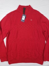 Chaps Mens 3-Button Mock Neck Sweater Solid Bright Red L Large Holidays Cable