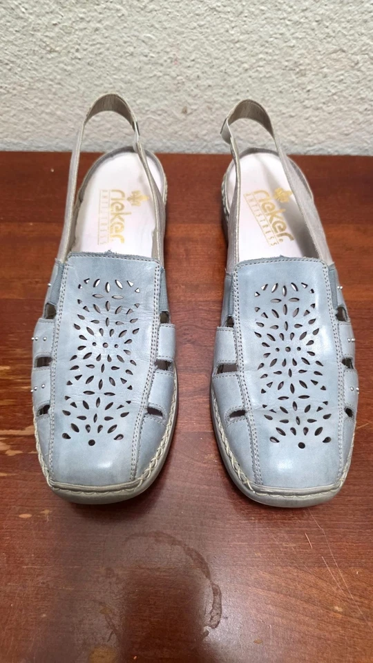 Rieker Mujer Cuero Azul Claro Cordones Grama Core Planos Diseño Recortado Talla Foto 2 de 4