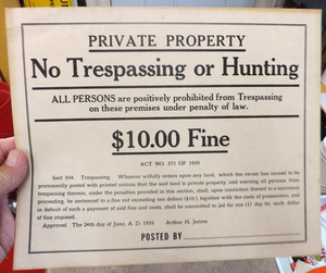 VINTAGE PRIVATE PROPERTY NO TRESPASSING OR HUNTING SIGN CARDBOARD 9" X 11"