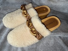 Tory Burch Jessica Wool Shearling Gold Horsebit Wooden Slip On Clogs - Size 6.5