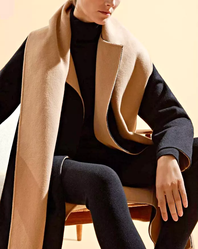 THEORY Scarf Coat in Double-Face Soft Wool-Cashmere 40 Long Black/Camel M  $895