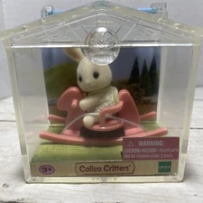 Calico Critters Mini Bunny Rabbit Baby on Pink Rocking Horse With Carry Case New