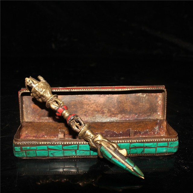 5.12"Tibetan Buddhism pure copper Turquoise box Vajra Pestle Exorcism