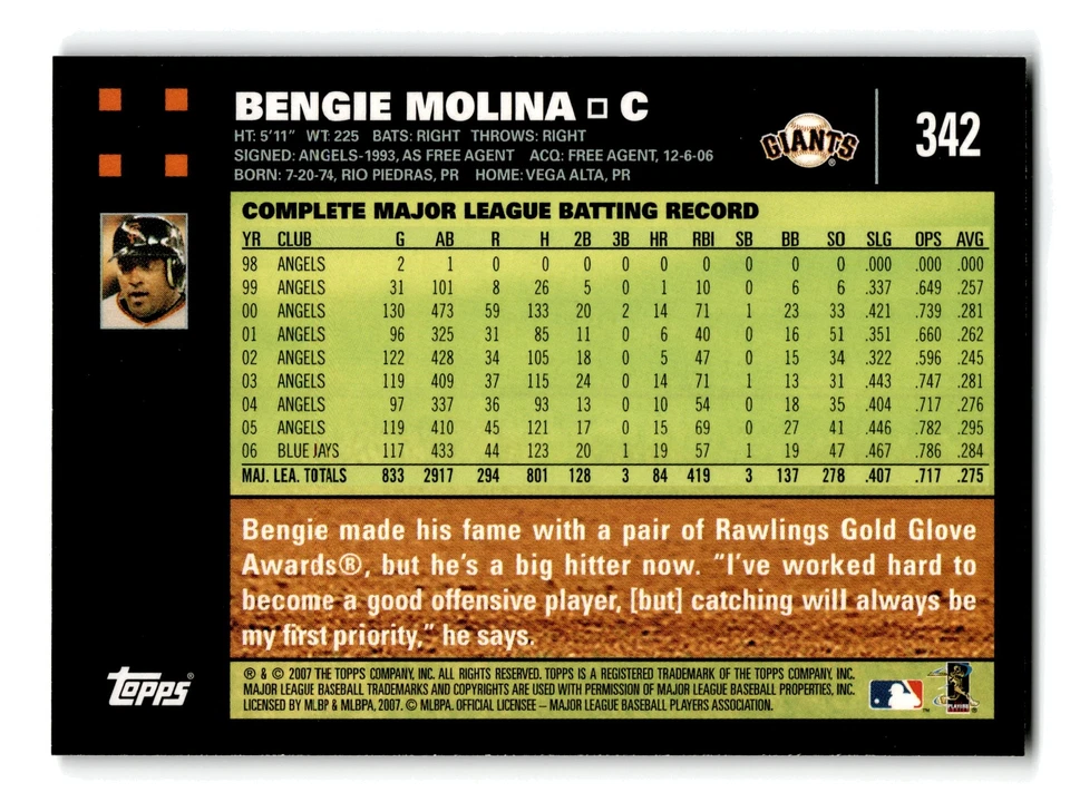 Bengie Molina 2007 Topps #342 San Francisco Giants NM-MINT - Image 2 of 2