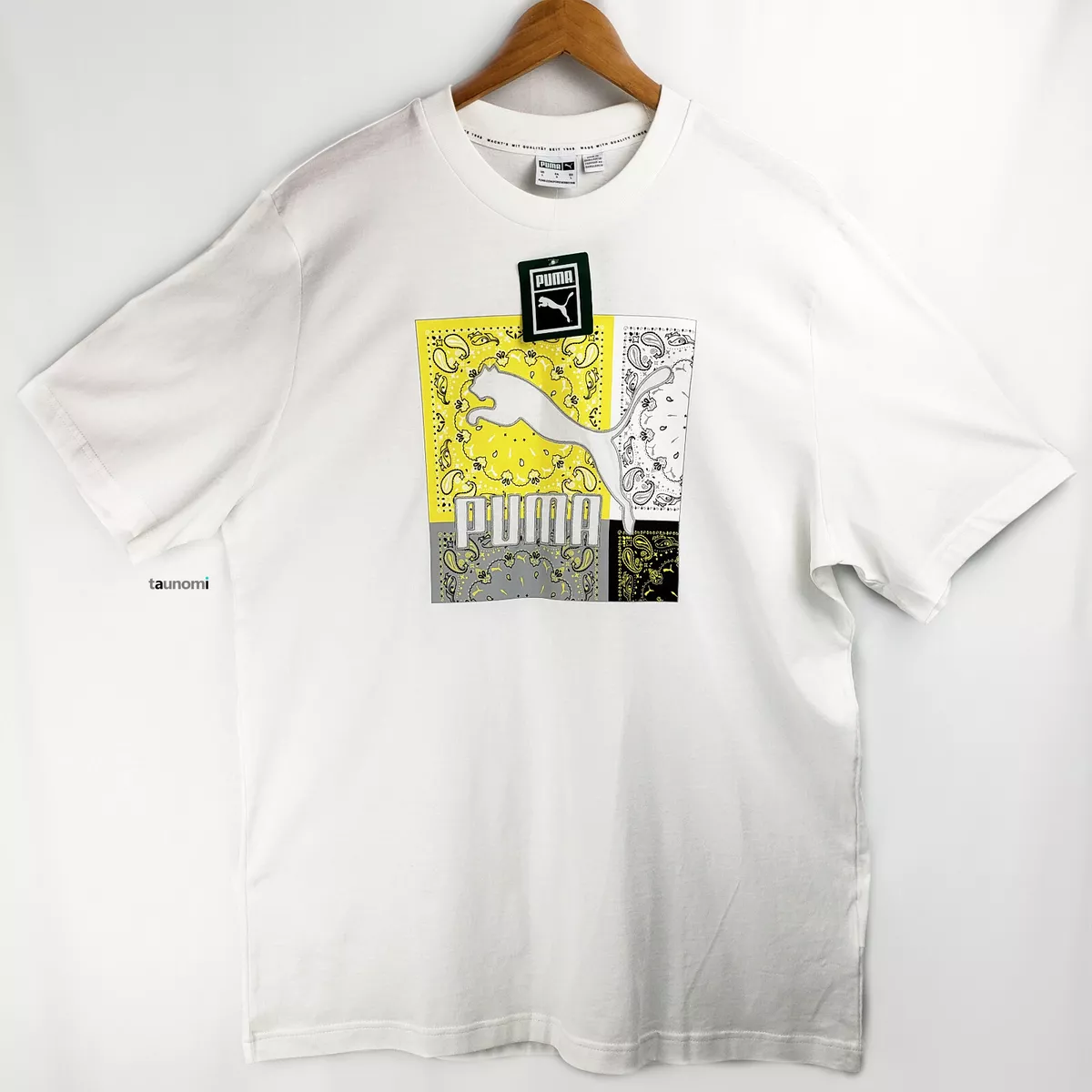 PUMA Mens Off Beat Bandana Graphic Logo Streetwear White Yellow T Shirt NWT L