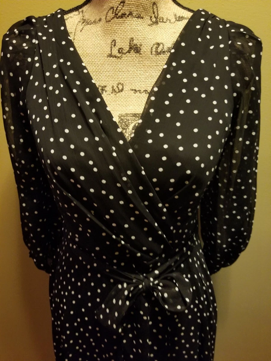 NWT Womens DKNY Faux Wrap Dress Black Cream Polka Dot 3 4 Sleeves Belted 4
