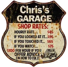 Chris's Garage Shop Rates Personalized Gift Shield Metal Sign 211110019099
