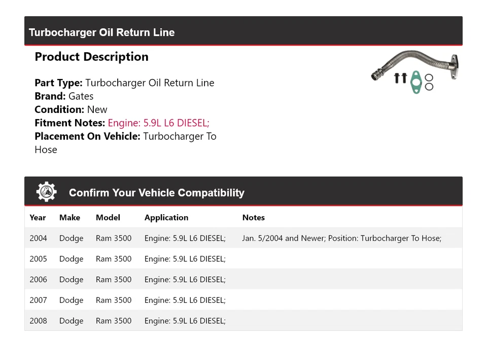 Para Dodge Ram 3500 2004-2008 5,9 L L6 turbocompresor diésel puertas de línea de retorno de aceite Foto 2 de 3