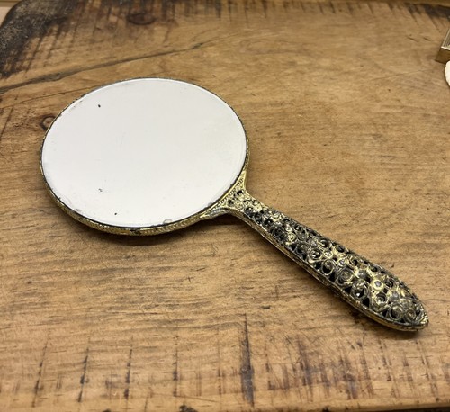Antique Vintage Large Hand Mirror With Porcelain Plaque & Filigree Bronze Handle - Picture 3 of 3