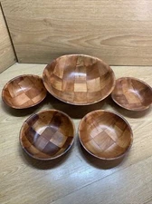 Woven Wood 10" Salad Serving Bowl with 4 Individual 6" Bowls Mid Century