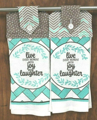 ''LIVE, JOY, LAUGHTER'' 2 HAND TOWELS GREEN & TAN HANDMADE HANGING COTTON KITCHEN