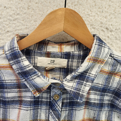 Thread Supply Flannel Shirt Womens Medium White Blue Plaid Button Up Gorpcore