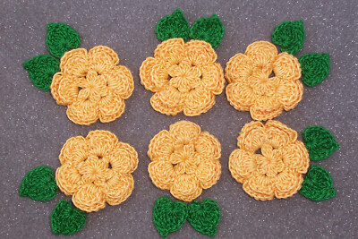 6 handmade goldenrod crochet applique roses with leaves  -- 2712