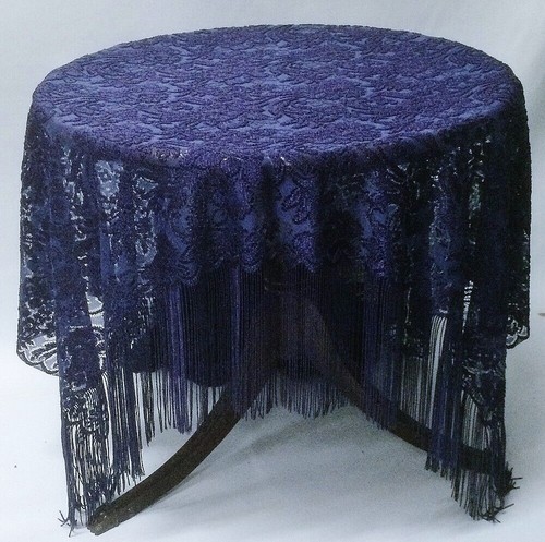 Navy Blue Fringed Chantilly Lace Throw Wrap Tablecloth 43" x 78" Bedroom - Picture 2 of 7