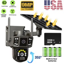 3 Lens HD 9MP WiFi Solar Battery Camera Wireless Outdoor CCTV Home W/ 32G Card