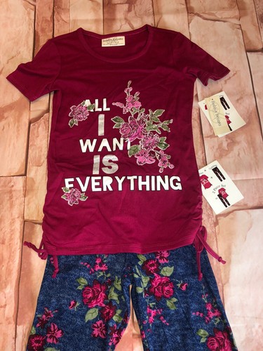 Girls Outfit ALL I WANT IS EVERYTHING Pink T-Shirt BLUE LEGGINGS Roses XS - Picture 2 of 4