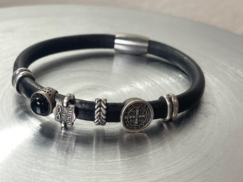 Leather Cross Bracelet Masculine Men Christian made in Italy - Picture 2 of 9