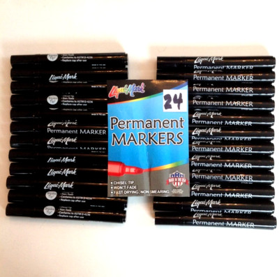 Lot of 24 Liqui-Mark  BLACK Permanent Markers Chisel Point 91201 Bulk Bagged New
