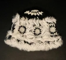 NEW BELLEWAERA BLACK WHITE FLUFFY CROCHET COTTON ANGORA WOOL HAT $115