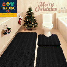 3-Piece Striped Black Bathroom Rug Set - Ultra Soft  Non-Slip