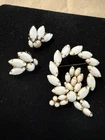 Vintage Milk Glass Beaded Brooch And Clip Earrings Set