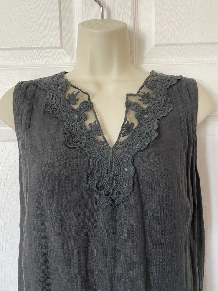 Vestido Carla Conti Italia Lino Sin Mangas Gris Bordado Ojales Dobladillo Talla S Foto 2 de 4