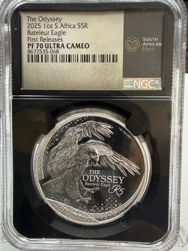 2025 South Africa 5 Rand Odyssey Bateleur Eagle .999 Silver NGC PF70 π₯