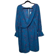 New Charming Charlie Midi Dress Faux Wrap Bell Sleeve Floral Blue Plus 2X Fairy