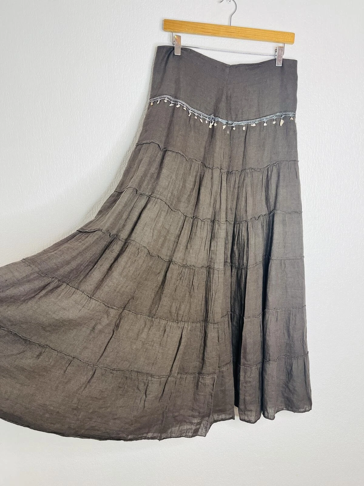 Made In Italy Linen Cotton Maxi Skirt UK 14 Brown Boho Shell Trim Tiered