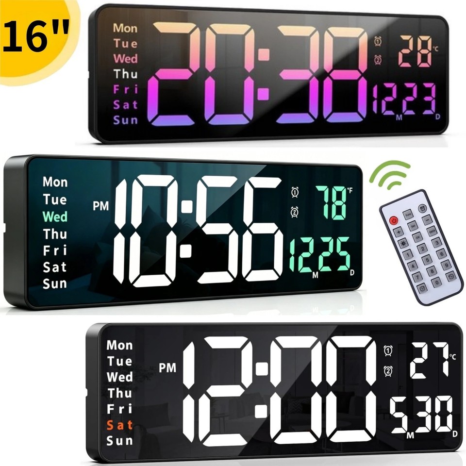 16 inch BIG DIGITAL LED CLOCK WALL MOUNT LARGE NUMBERS TIMER DATE TEMPERATURE
