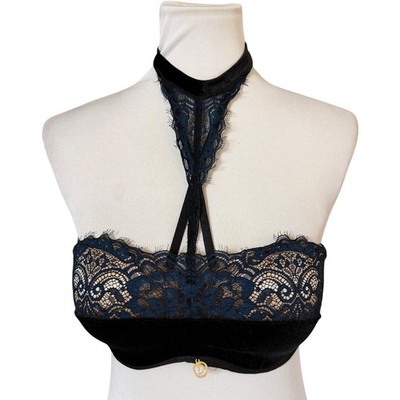 Hunkemoller Doutzen's Stories Bralette Women 36B Black Velvet Navy Lace Choker