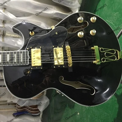 Electric Guitar Hollow Body Gold Hardware Jazz Bridge F-Hole Black - Photo 1/4