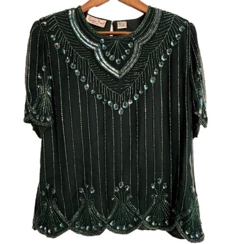 Vintage 1980s Laurence Kazar Emerald Green Beaded & Sequins Silk Top - Picture 2 of 6