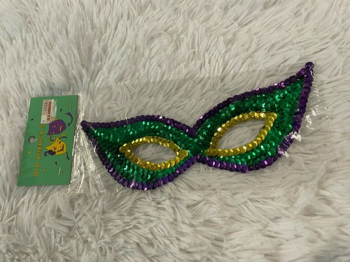 Vtg Old America Store Sequin Mardi Gras Mask Purple Green Gold Carnival NOS - Picture 4 of 9