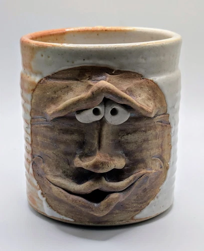 Funny Face Handcrafted 3D Pottery Mug Signed Thumb Rest Shades of Orange/Brown