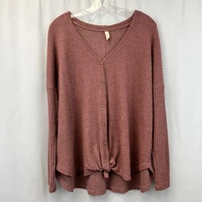 Wishlist Button Up Shirt Women's S/M Rosewood Long Sleeve Waffle Knit Tie Front