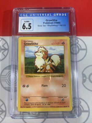 shiny growlithe pokemon card value Growlithe - 28/102 - Base set Shadowless CGC 6.5 Pokemon card (MINT) 9047