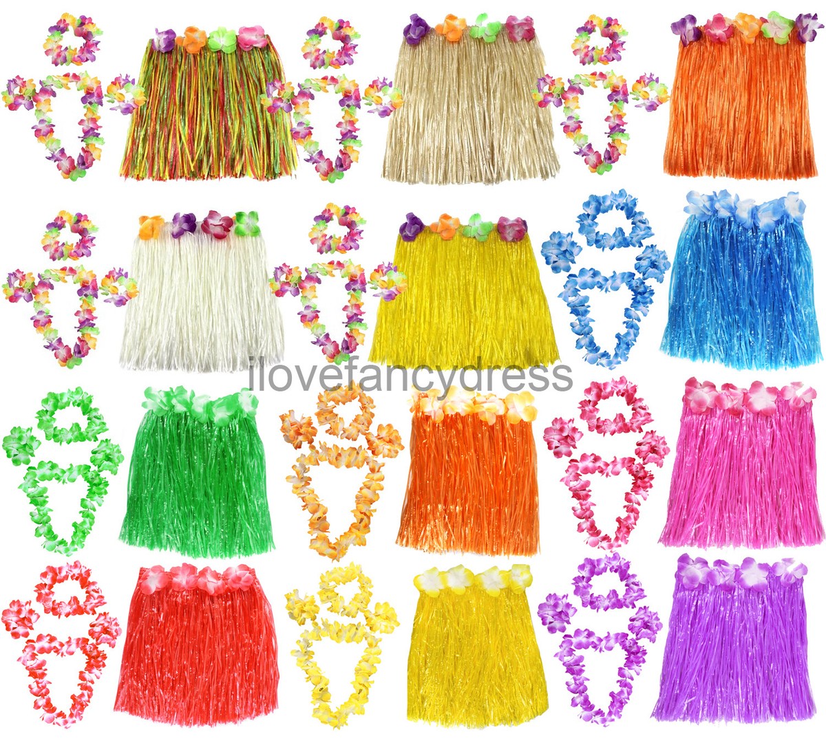 FALDA HULA HAWAIANA CORTA 40 CM Y CONJUNTO DE 4 PIEZAS LEI DAMAS LUAU DISFRAZ DE DISFRAZ