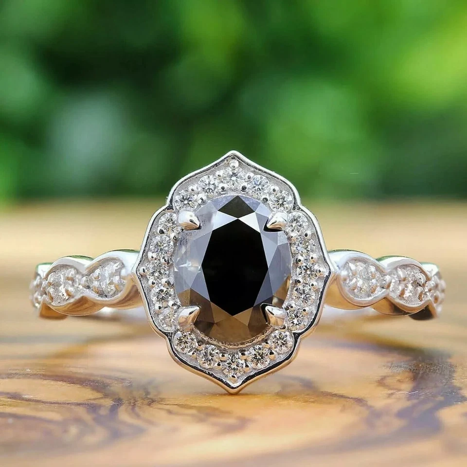 Комплект свадебных колец из черного оникса овальной огранки 2,50 карата с покрытием из белого золота 14 карат - Изображение 4 из 4