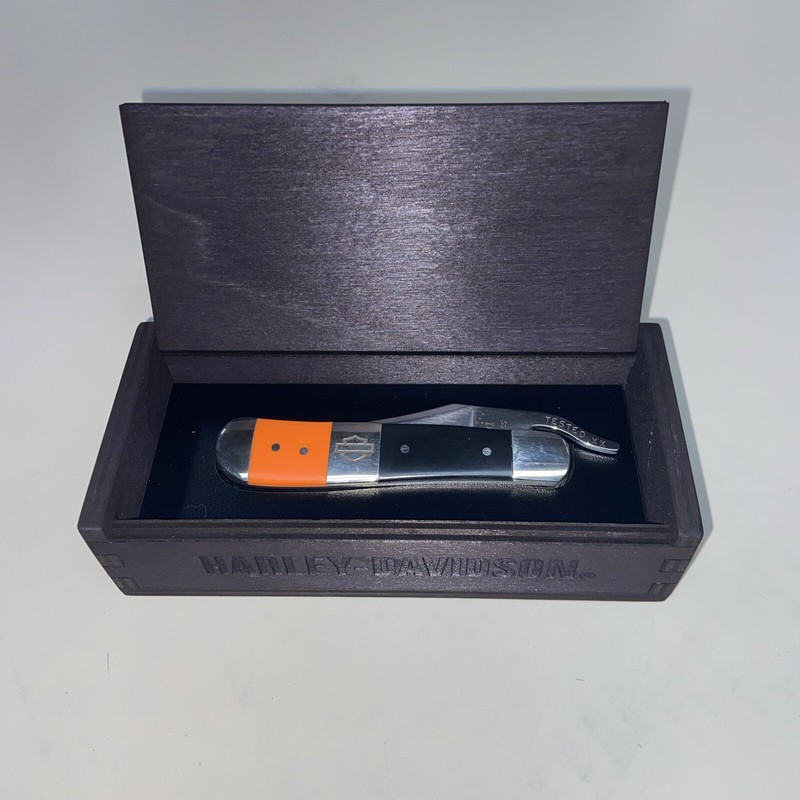 CASE XX # 52245 HARLEY DAVIDSON RUSSLOCK GIFT SET ORANGE AND BLACK IN WOOD BOX S