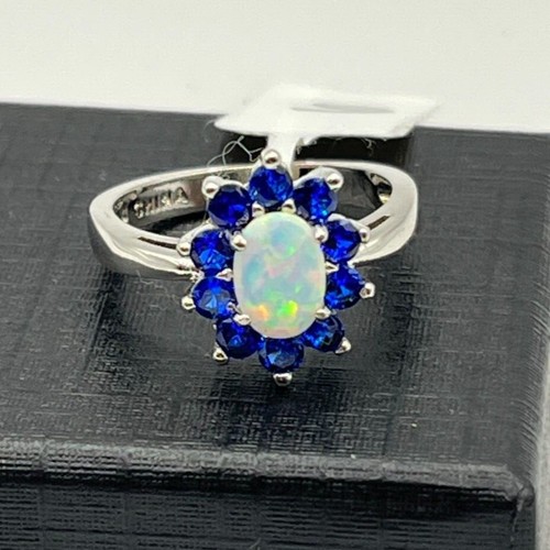 Simulated Opal & Sapphire Halo Mount Ring Size 5.5 Platinum Bonded Brass - Picture 4 of 10