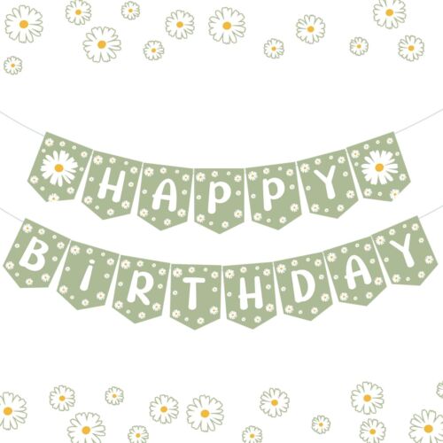Daisy Happy Birthday Banner Sage Green Flower Party Decor for Girls