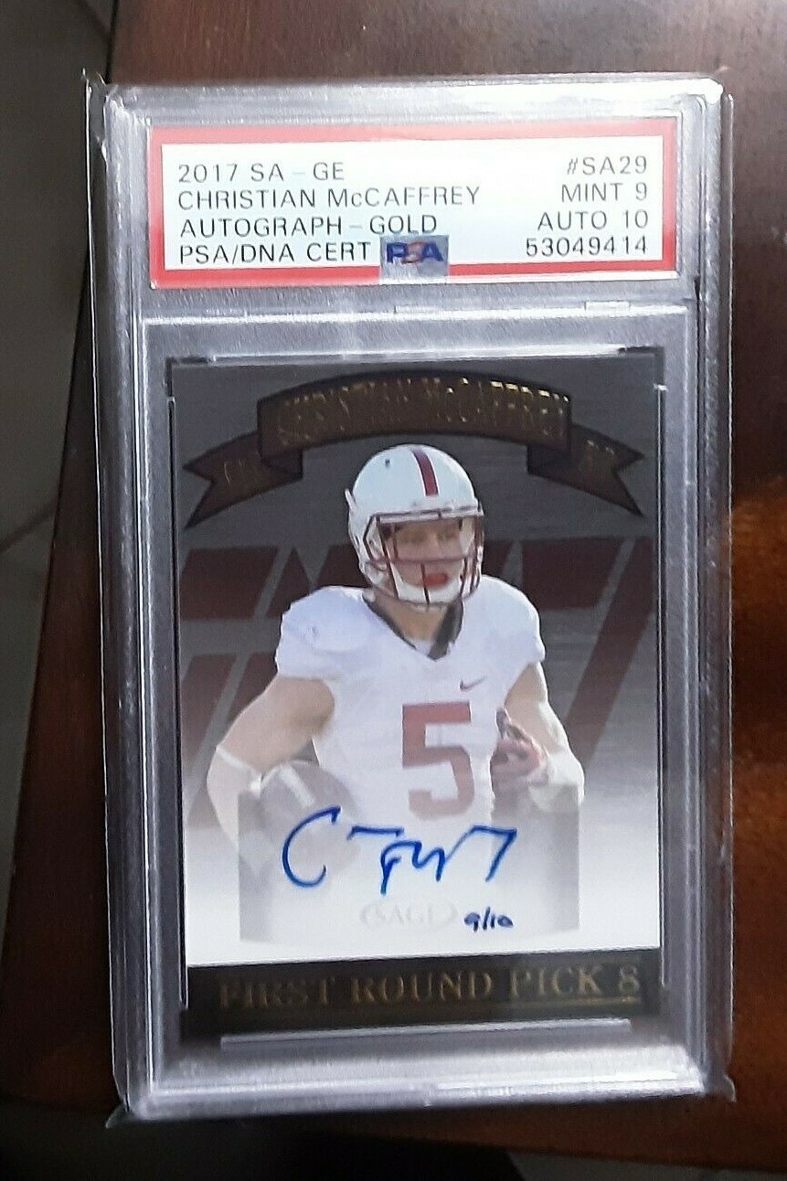 Christian McCaffrey Stanford Cardinal 2017 SAGE FIRST ROUND PICK 8 GOLD AUTO 9/10 PSA 9-10 49ers 