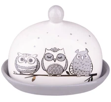 STPGOODS OWLS Butter Dish Ceramic Butter Keeper Vintage Gray Lidded Dish 6.3x5.1
