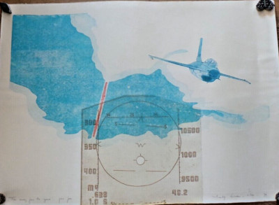 Vintage Leentje Linders Jet plane Aircraft Cockpit Number and signed lithography