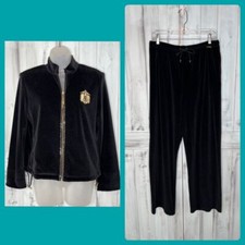 ST JOHN BLACK VELOUR TRACK SUIT PULL ON PANTS M GOLD LOGO CRYSTAL ZIP JACKET S