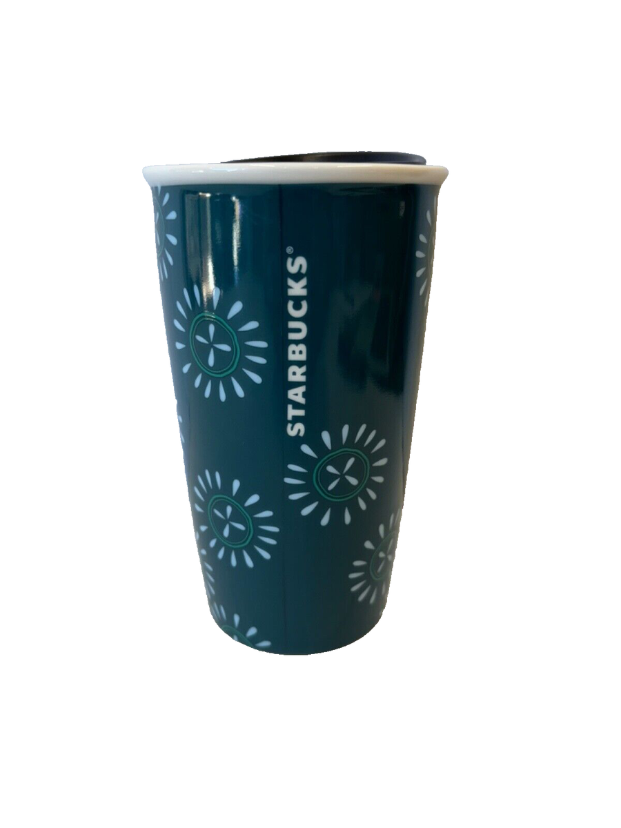 STARBUCKS 2016 12oz Ceramic Tumbler City Wheels Teal Design, w/ Lid, NEW