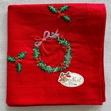 VTG Handkerchief Plain Red Cotton Embroidery Mistletoe Wreath Holly Corner Hanky